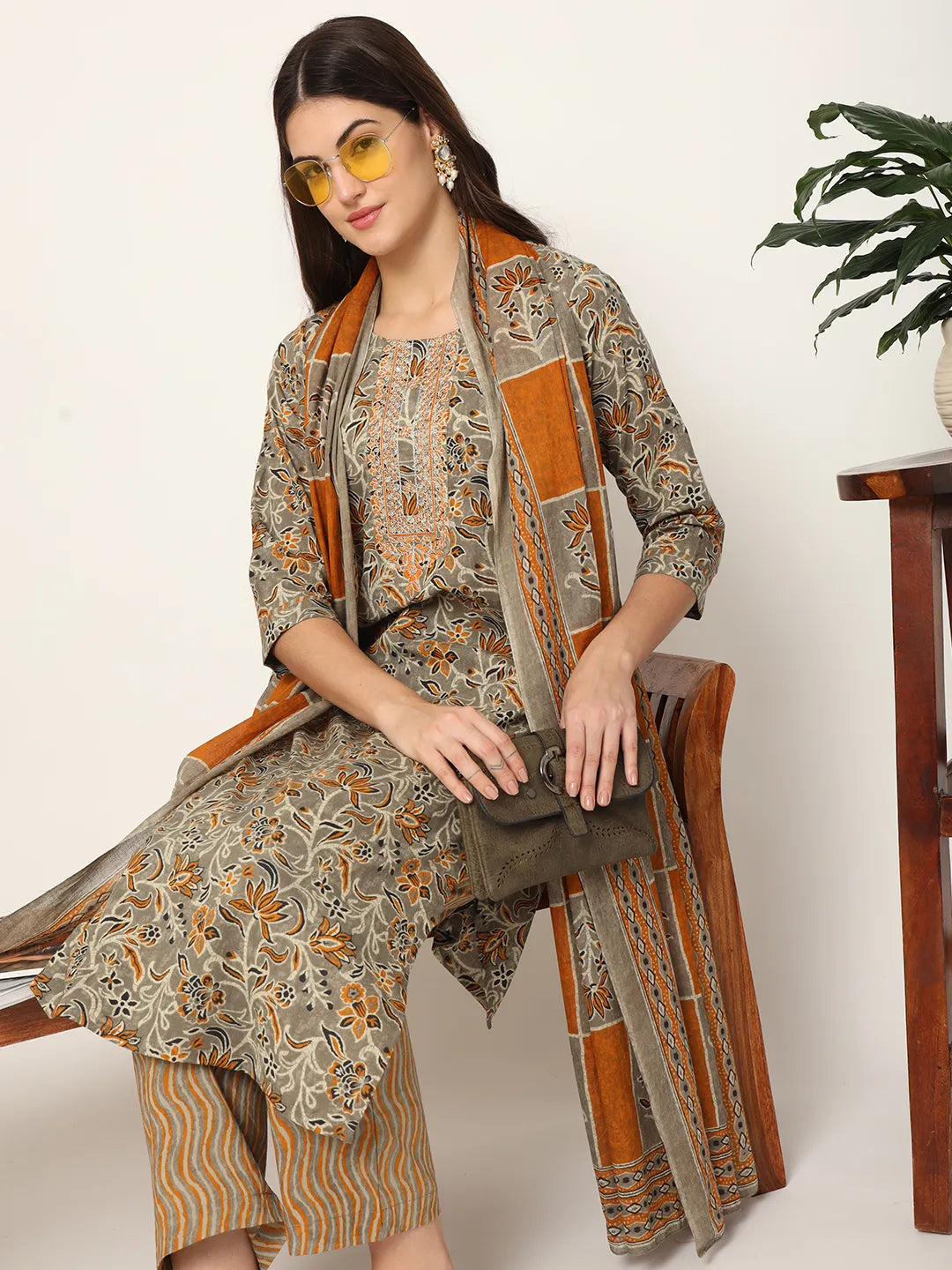 Yufta Mustard And Gray Cotton Dori_Embroidery Kurta Dupatta Pant Set