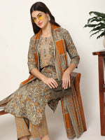 Thumbnail for Yufta Mustard And Gray Cotton Dori_Embroidery Kurta Dupatta Pant Set