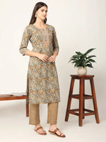 Thumbnail for Yufta Mustard And Gray Cotton Dori_Embroidery Kurta Dupatta Pant Set