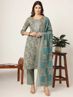 Thumbnail for Yufta Cotton Teal Blue And Grey Cotton Dori_Embroidery Kurta Dupatta Pant Set