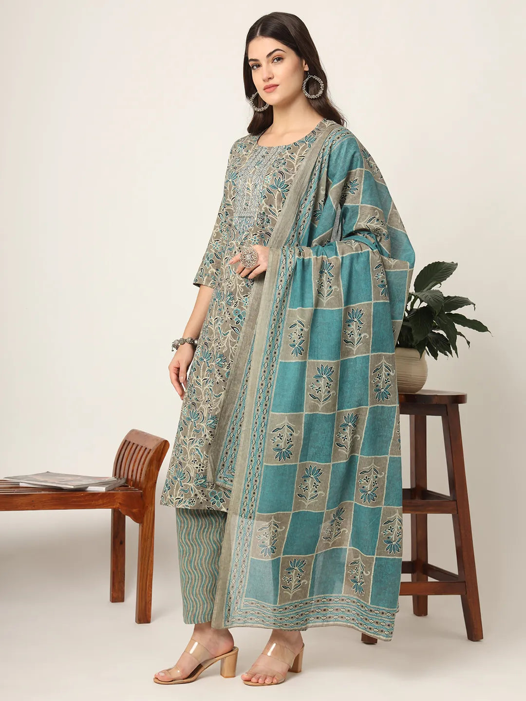 Yufta Cotton Teal Blue And Grey Cotton Dori_Embroidery Kurta Dupatta Pant Set - Distacart