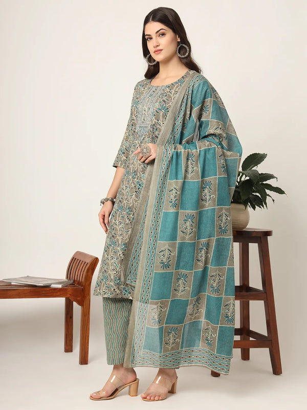 Yufta Cotton Teal Blue And Grey Cotton Dori_Embroidery Kurta Dupatta Pant Set