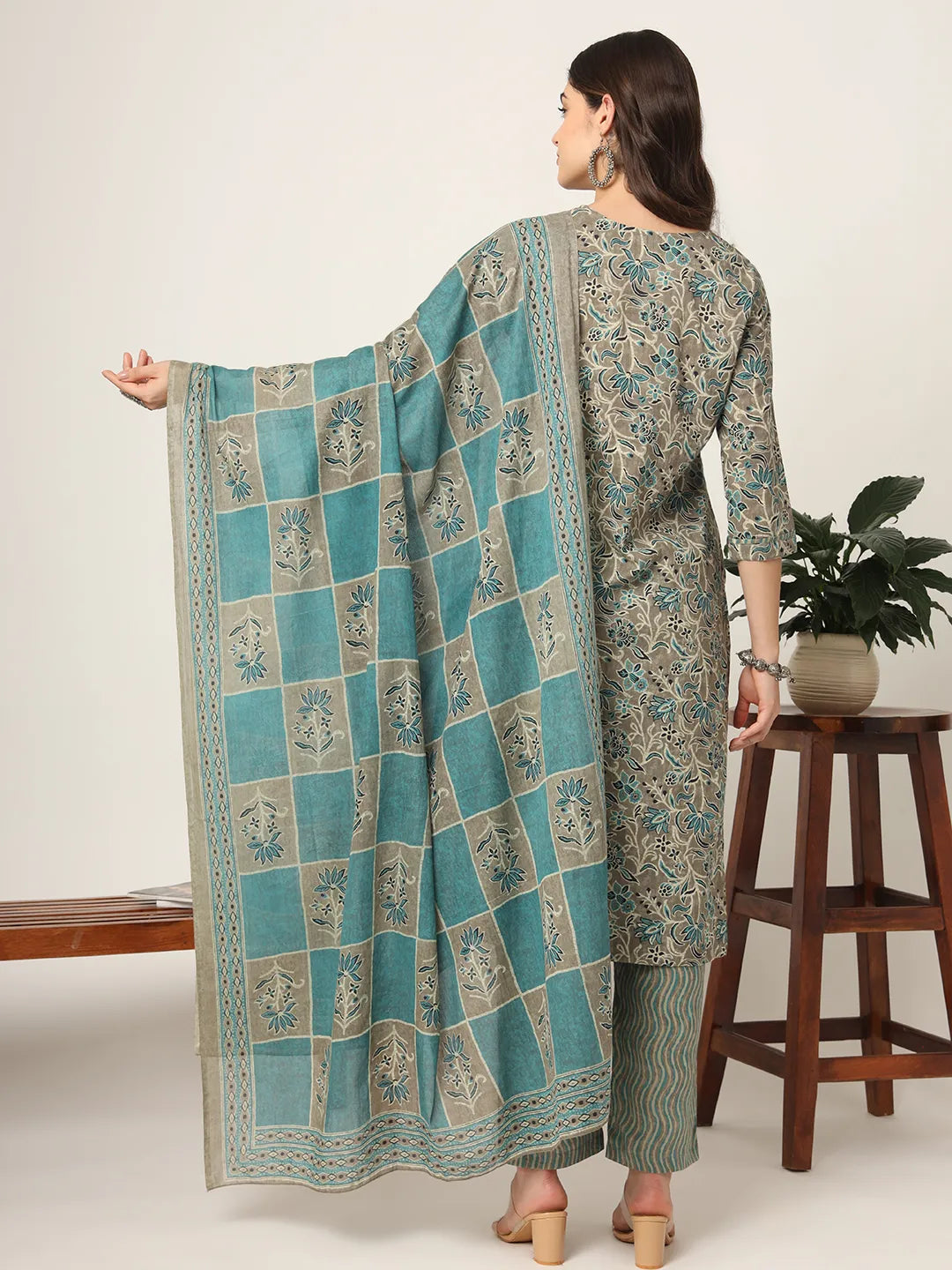 Yufta Cotton Teal Blue And Grey Cotton Dori_Embroidery Kurta Dupatta Pant Set
