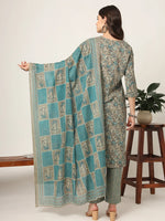 Thumbnail for Yufta Cotton Teal Blue And Grey Cotton Dori_Embroidery Kurta Dupatta Pant Set
