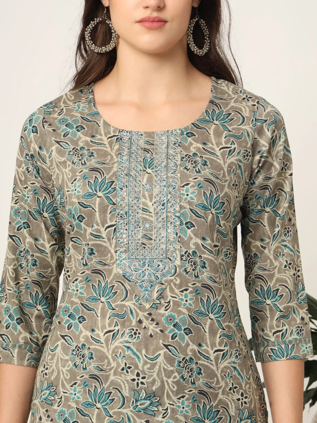 Yufta Cotton Teal Blue And Grey Cotton Dori_Embroidery Kurta Dupatta Pant Set