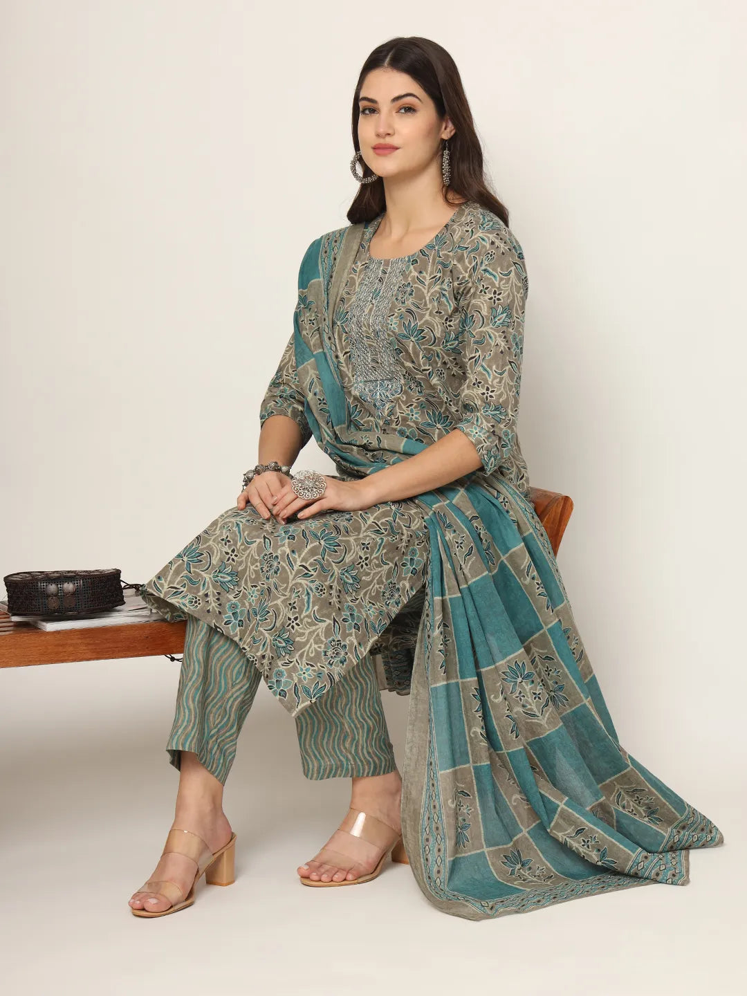 Yufta Cotton Teal Blue And Grey Cotton Dori_Embroidery Kurta Dupatta Pant Set