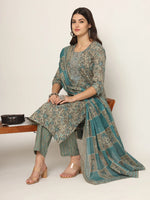 Thumbnail for Yufta Cotton Teal Blue And Grey Cotton Dori_Embroidery Kurta Dupatta Pant Set