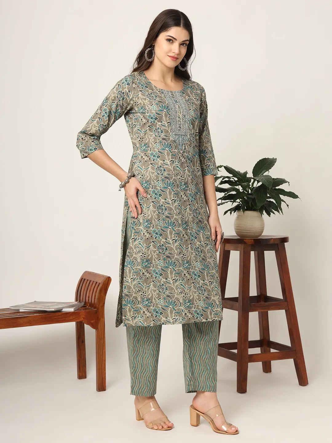 Yufta Cotton Teal Blue And Grey Cotton Dori_Embroidery Kurta Dupatta Pant Set