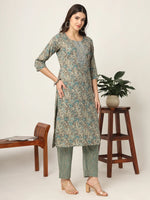 Thumbnail for Yufta Cotton Teal Blue And Grey Cotton Dori_Embroidery Kurta Dupatta Pant Set