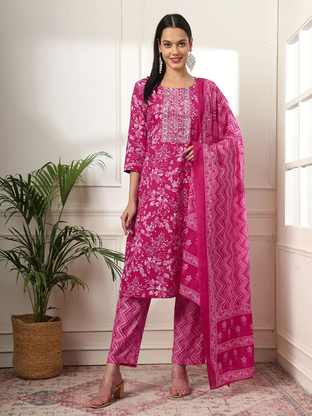 Yufta Pink Pure Cotton Floral Print Embroidered Kurta Dupatta Pant Set