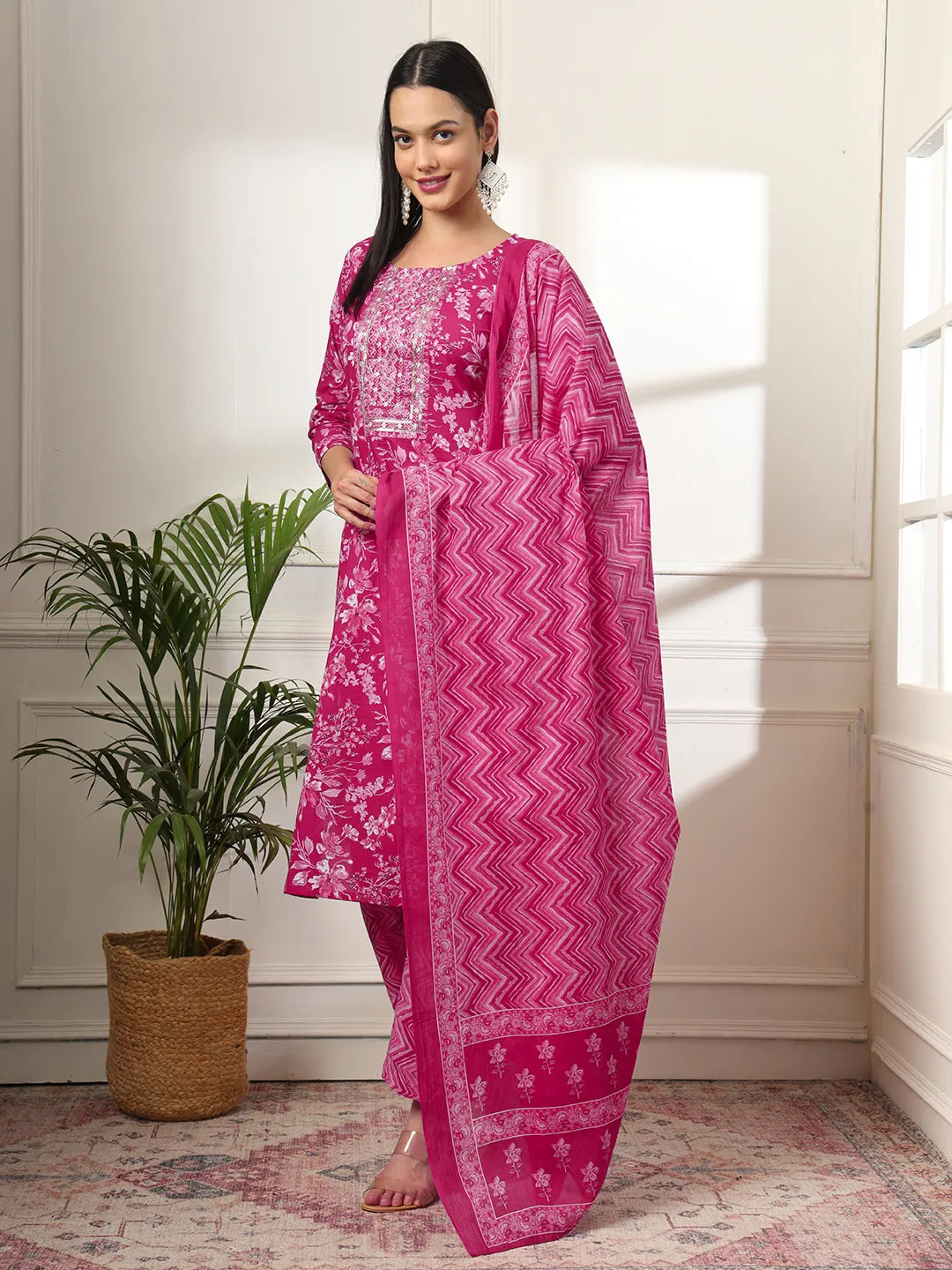 Yufta Pink Pure Cotton Floral Print Embroidered Kurta Dupatta Pant Set - Distacart