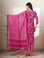 Thumbnail for Yufta Pink Pure Cotton Floral Print Embroidered Kurta Dupatta Pant Set
