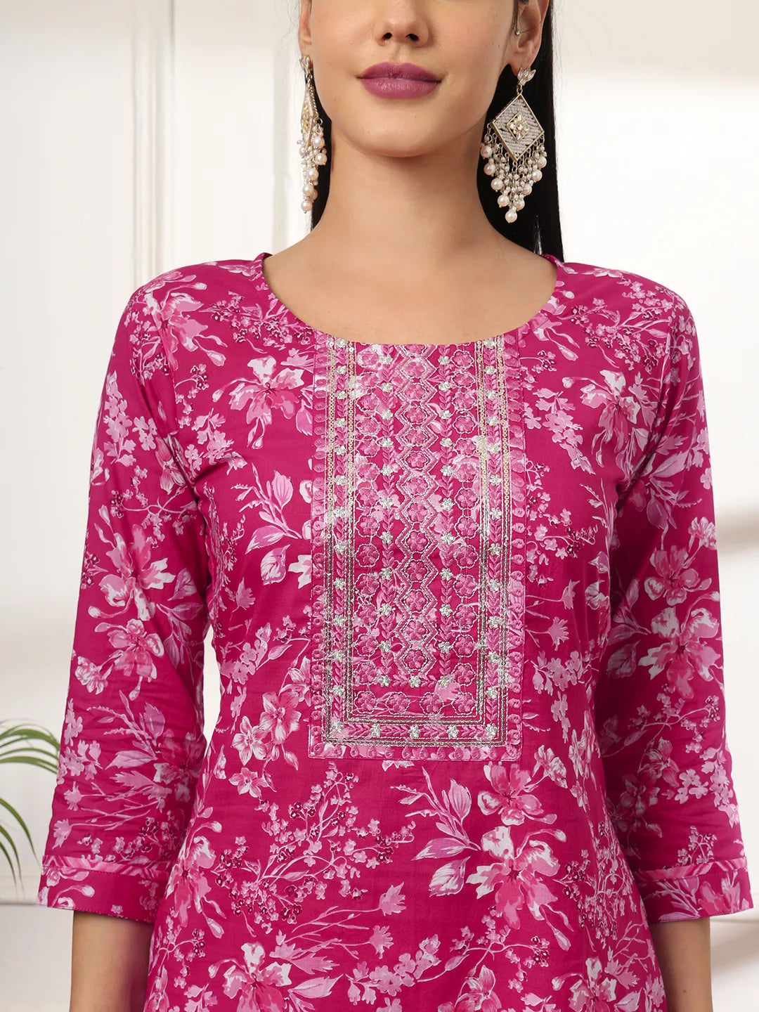 Yufta Pink Pure Cotton Floral Print Embroidered Kurta Dupatta Pant Set