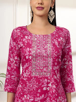 Thumbnail for Yufta Pink Pure Cotton Floral Print Embroidered Kurta Dupatta Pant Set