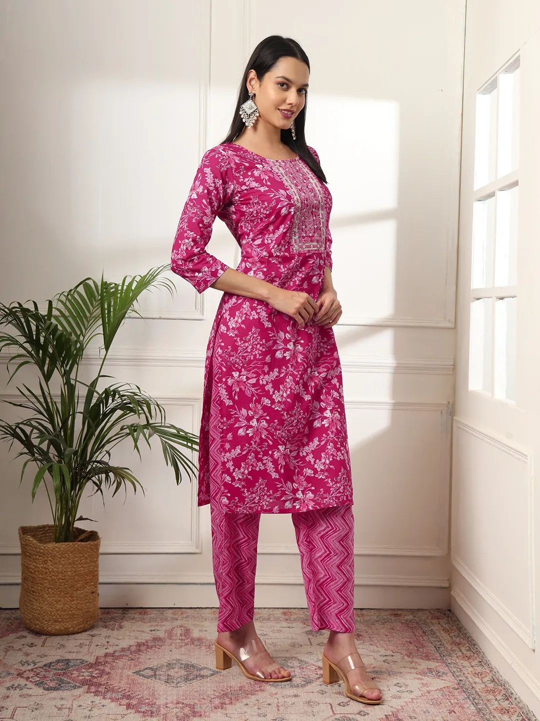 Yufta Pink Pure Cotton Floral Print Embroidered Kurta Dupatta Pant Set