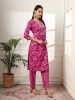 Thumbnail for Yufta Pink Pure Cotton Floral Print Embroidered Kurta Dupatta Pant Set
