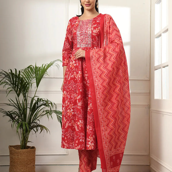 Yufta Pure Cotton Red Anarkali Dupatta Pant Set - Distacart