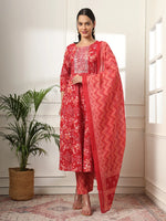 Thumbnail for Yufta Pure Cotton Red Anarkali Dupatta Pant Set