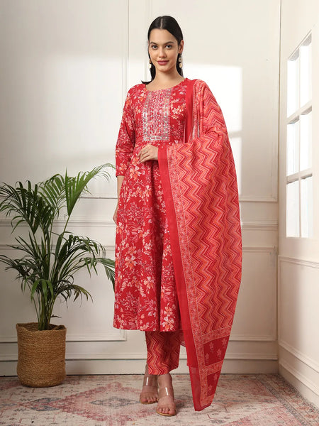 Yufta Pure Cotton Red Anarkali Dupatta Pant Set