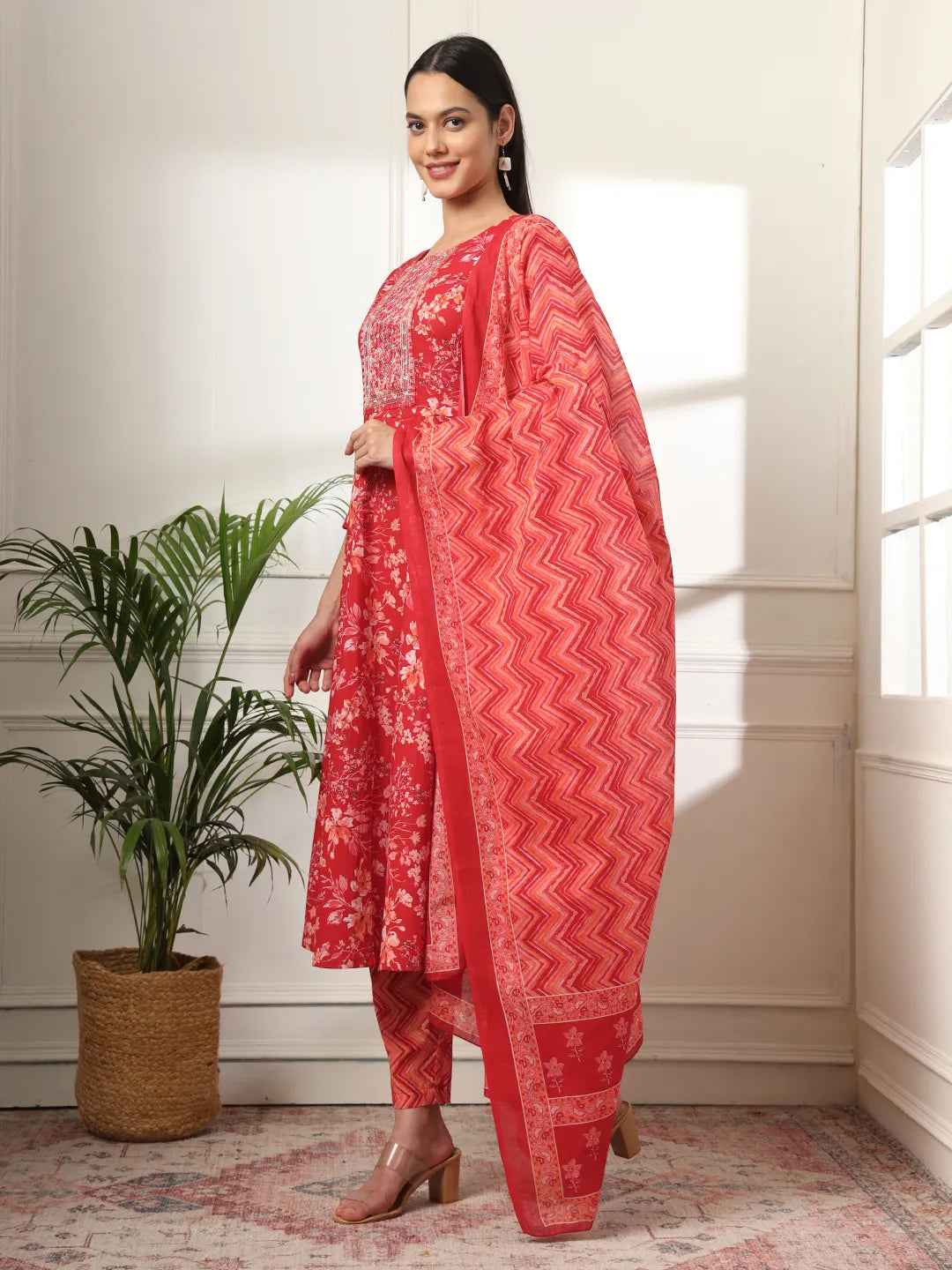 Yufta Pure Cotton Red Anarkali Dupatta Pant Set - Distacart