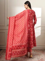 Thumbnail for Yufta Pure Cotton Red Anarkali Dupatta Pant Set