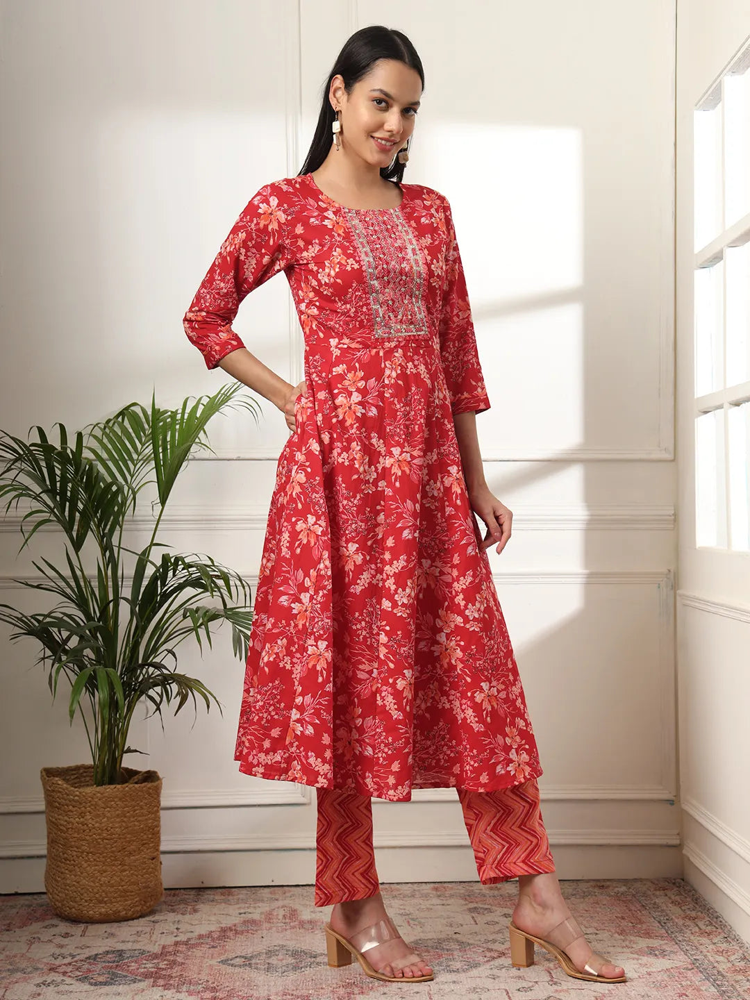 Yufta Pure Cotton Red Anarkali Dupatta Pant Set