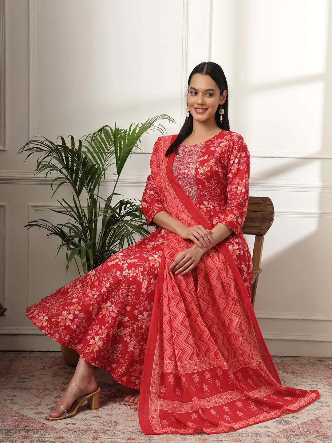 Yufta Pure Cotton Red Anarkali Dupatta Pant Set