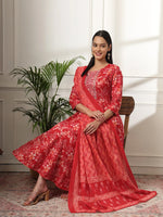 Thumbnail for Yufta Pure Cotton Red Anarkali Dupatta Pant Set