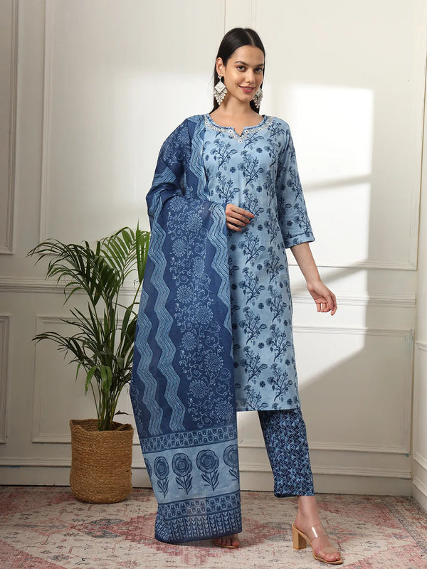 Yufta Cotton Blue Kurta Dupatta Pant Set - Distacart