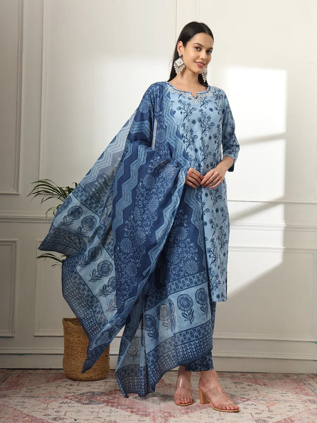 Yufta Cotton Blue Kurta Dupatta Pant Set - Distacart