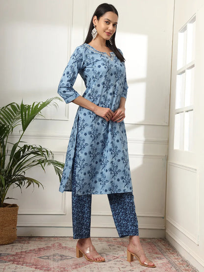 Yufta Cotton Blue Kurta Dupatta Pant Set - Distacart