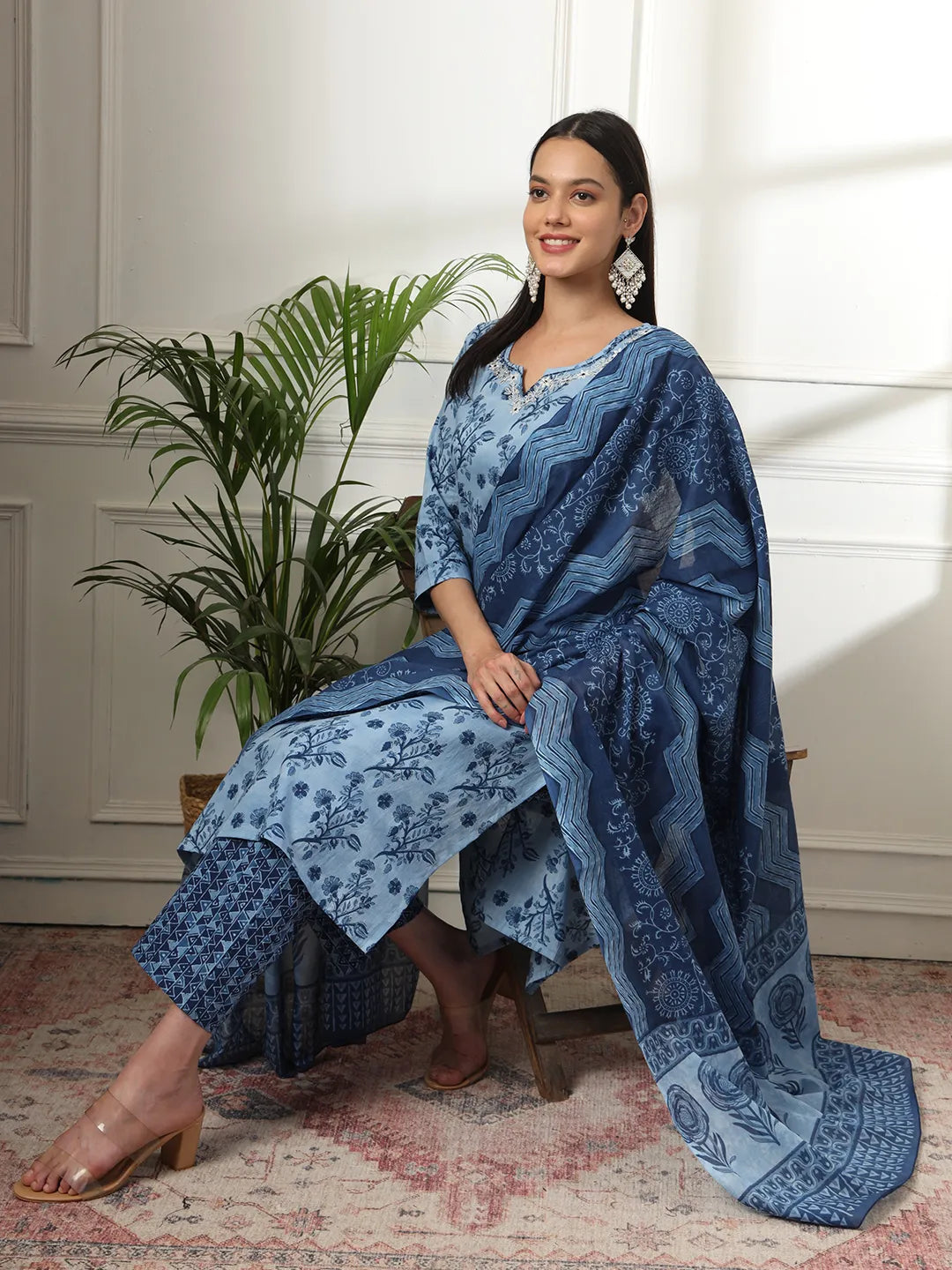 Yufta Cotton Blue Kurta Dupatta Pant Set - Distacart