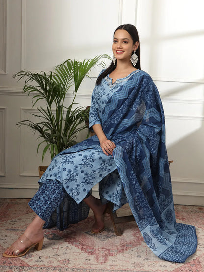 Yufta Cotton Blue Kurta Dupatta Pant Set - Distacart