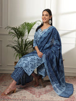 Thumbnail for Yufta Cotton Blue Kurta Dupatta Pant Set - Distacart