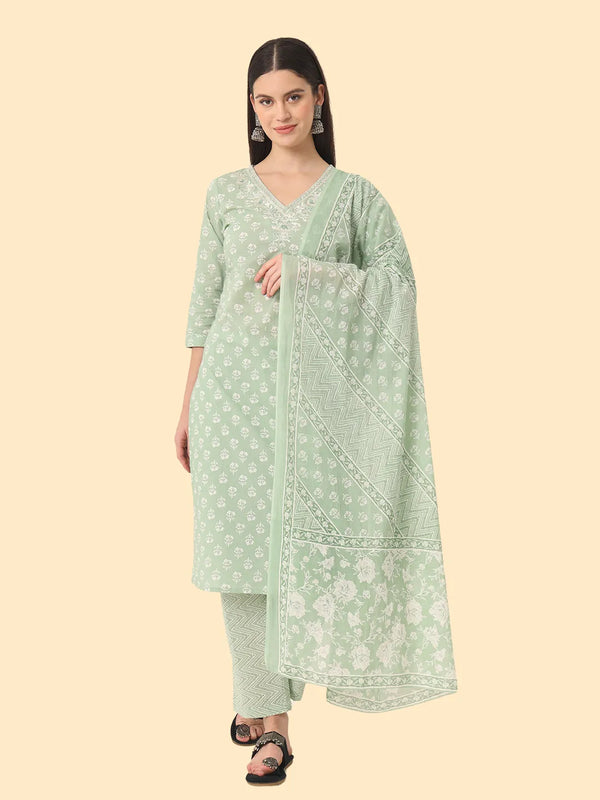 Yufta Green Ethnic Motifs Embroidered Regular Chikankari Pure Cotton Kurta with Trousers & With Dupatta