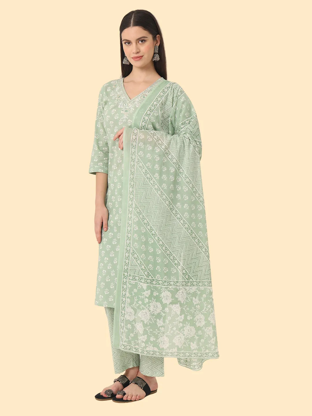Yufta Green Ethnic Motifs Embroidered Regular Chikankari Pure Cotton Kurta with Trousers & With Dupatta - Distacart