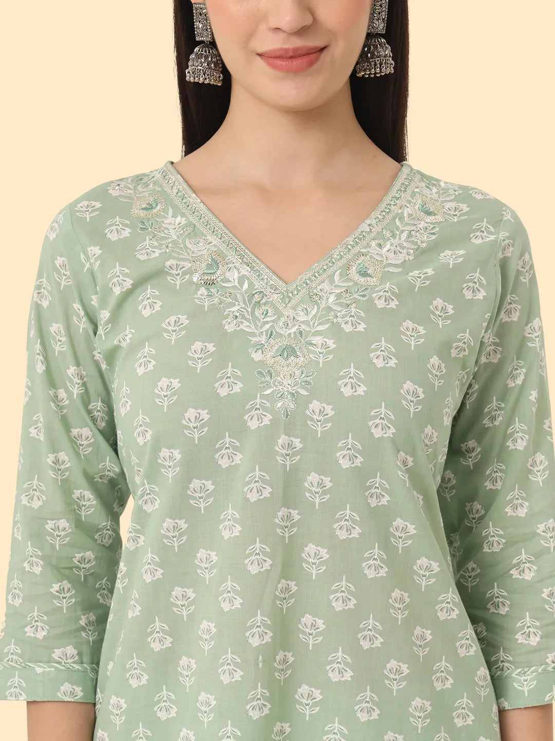 Yufta Green Ethnic Motifs Embroidered Regular Chikankari Pure Cotton Kurta with Trousers & With Dupatta