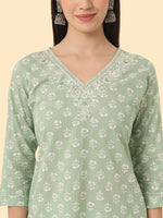 Thumbnail for Yufta Green Ethnic Motifs Embroidered Regular Chikankari Pure Cotton Kurta with Trousers & With Dupatta