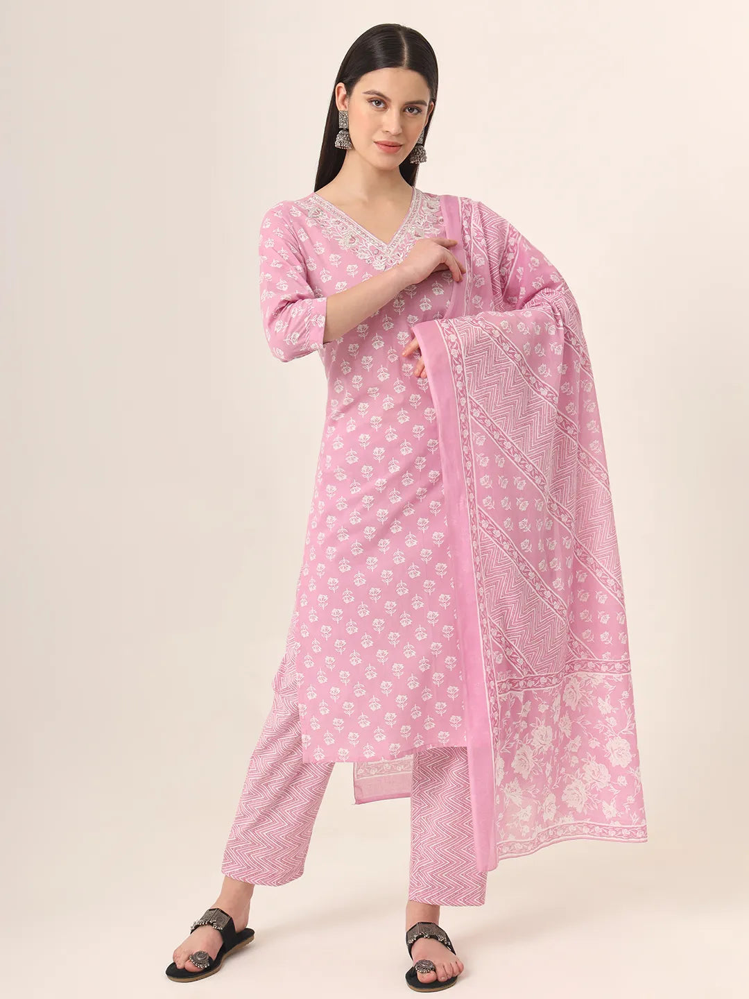 Yufta Pure Cotton Pink Kurta Dupatta Pant Set - Distacart