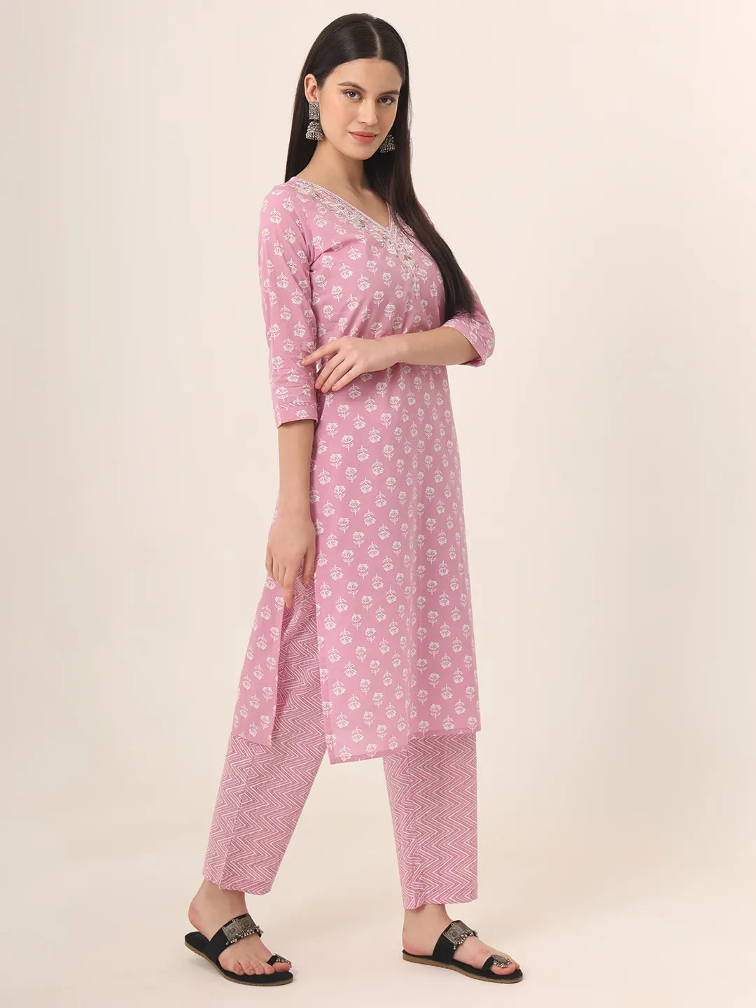 Yufta Pure Cotton Pink Kurta Dupatta Pant Set - Distacart