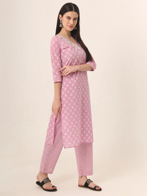 Yufta Pure Cotton Pink Kurta Dupatta Pant Set