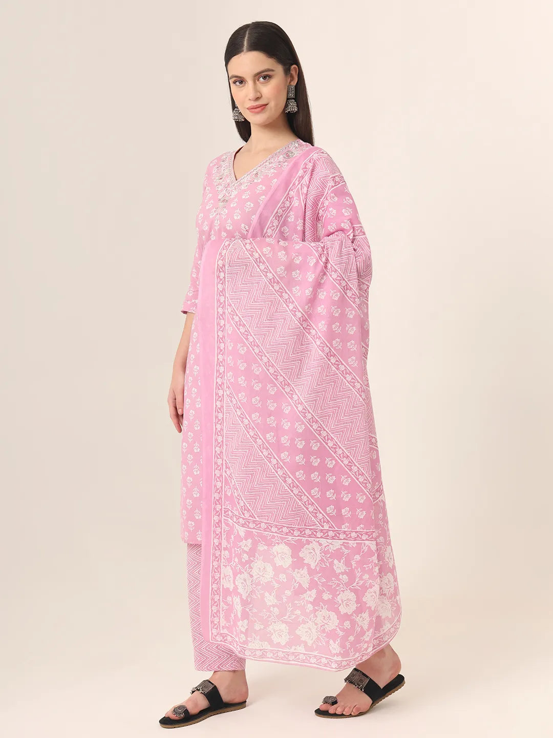 Yufta Pure Cotton Pink Kurta Dupatta Pant Set