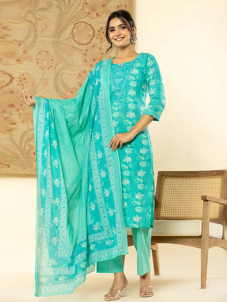 Yufta Pure Cotton Turquoise Blue Floral Embroidery Kurta Dupatta Pant Set