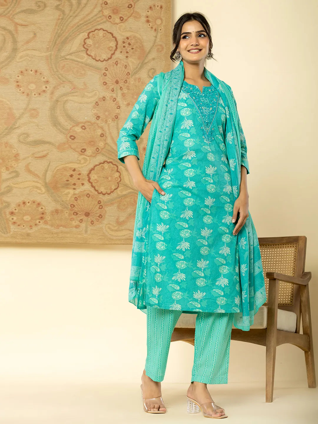 Yufta Pure Cotton Turquoise Blue Floral Embroidery Kurta Dupatta Pant Set - Distacart