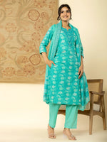 Thumbnail for Yufta Pure Cotton Turquoise Blue Floral Embroidery Kurta Dupatta Pant Set