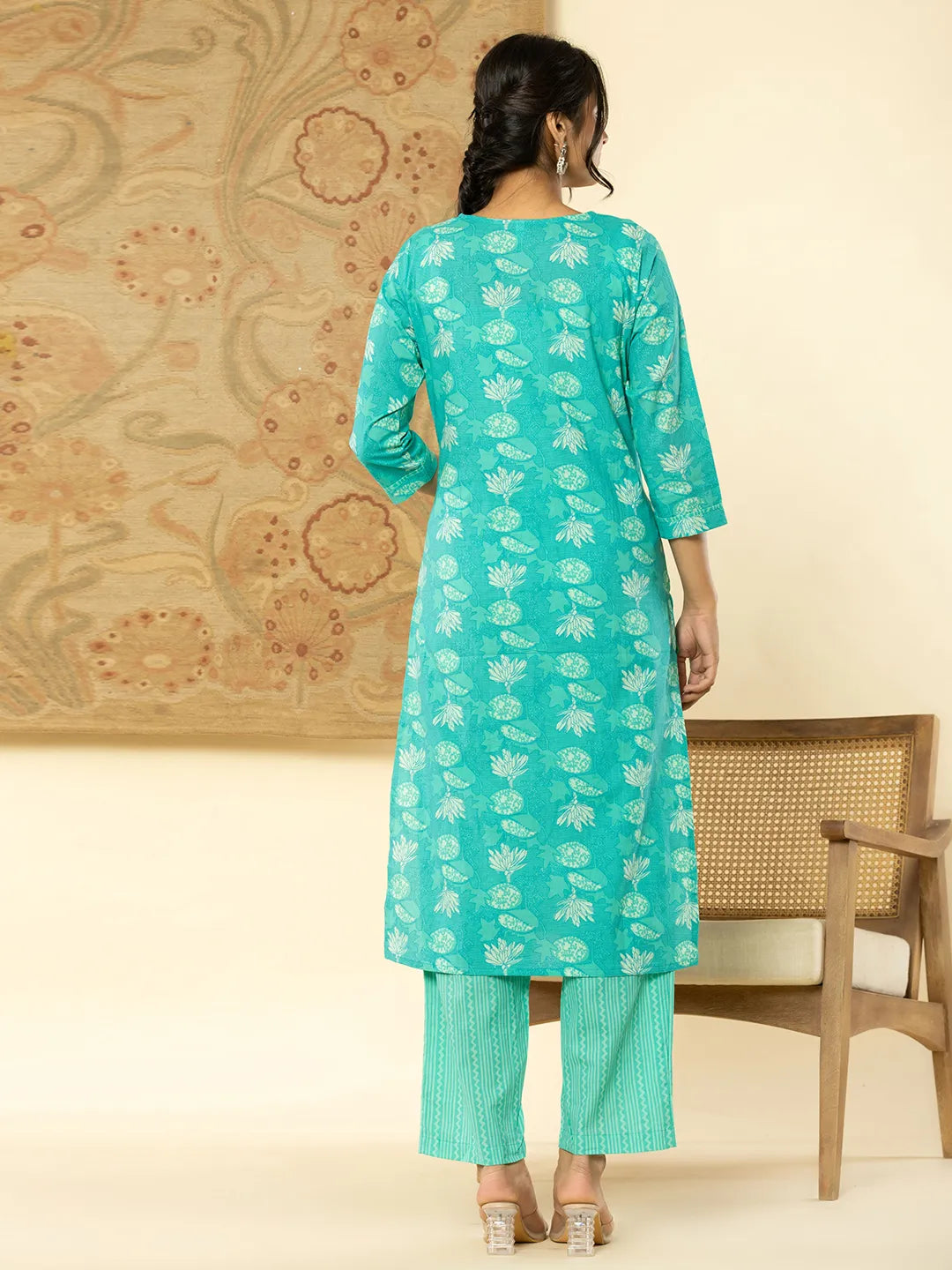 Yufta Pure Cotton Turquoise Blue Floral Embroidery Kurta Dupatta Pant Set