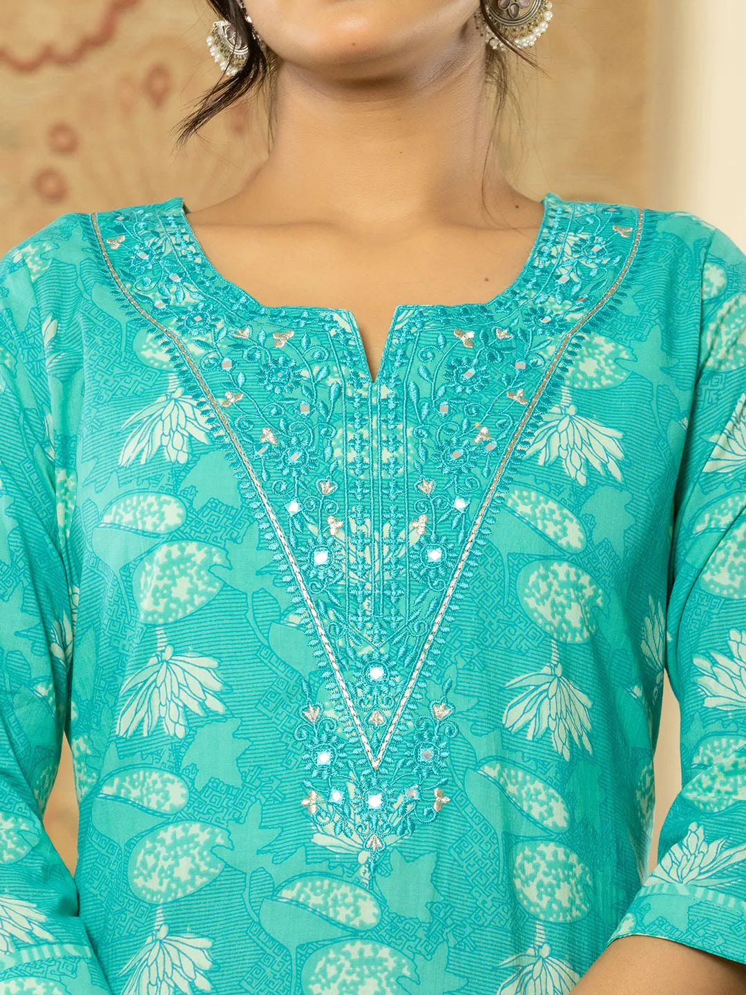 Yufta Pure Cotton Turquoise Blue Floral Embroidery Kurta Dupatta Pant Set