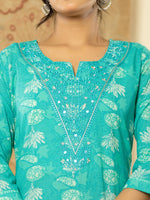 Thumbnail for Yufta Pure Cotton Turquoise Blue Floral Embroidery Kurta Dupatta Pant Set