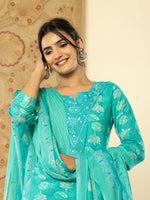 Thumbnail for Yufta Pure Cotton Turquoise Blue Floral Embroidery Kurta Dupatta Pant Set
