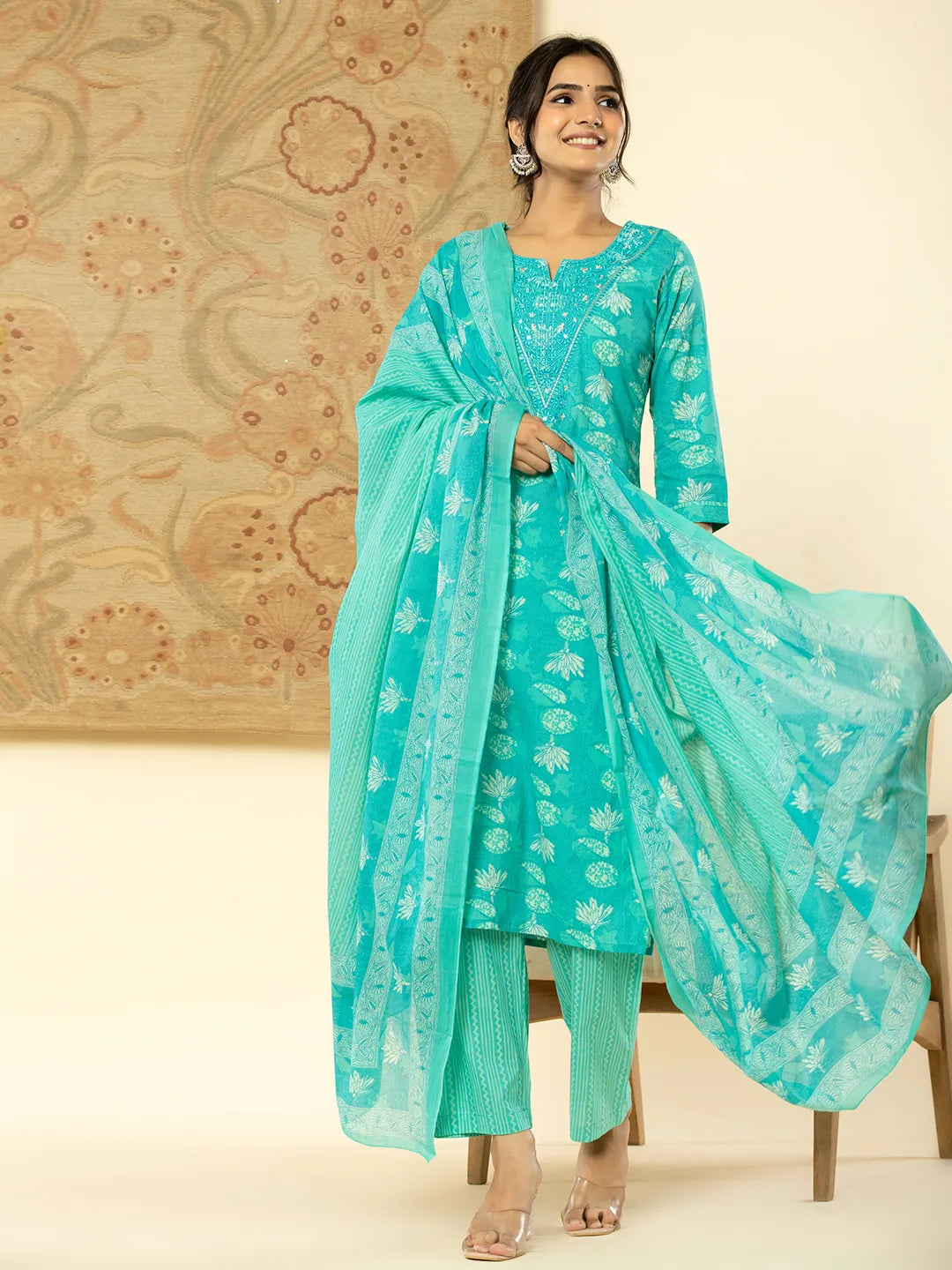 Yufta Pure Cotton Turquoise Blue Floral Embroidery Kurta Dupatta Pant Set